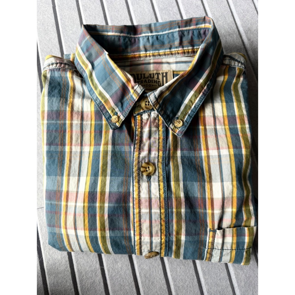Duluth Trading Co Mens Large Plaid Short Sleeve Button Down Cotton Shirt Blue L